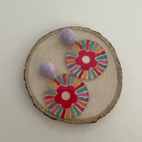 1970's Inspired Flower Dangle Earrings - Colorful Floral Retro Drop Earrings - Picture 7 of 13